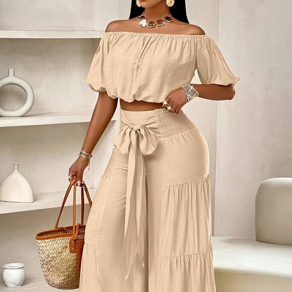 Khaki Casual Women's Beach One-Shoulder Puff-Sleeved Crop Top & Wide Leg Pants - Picture 5 of 7